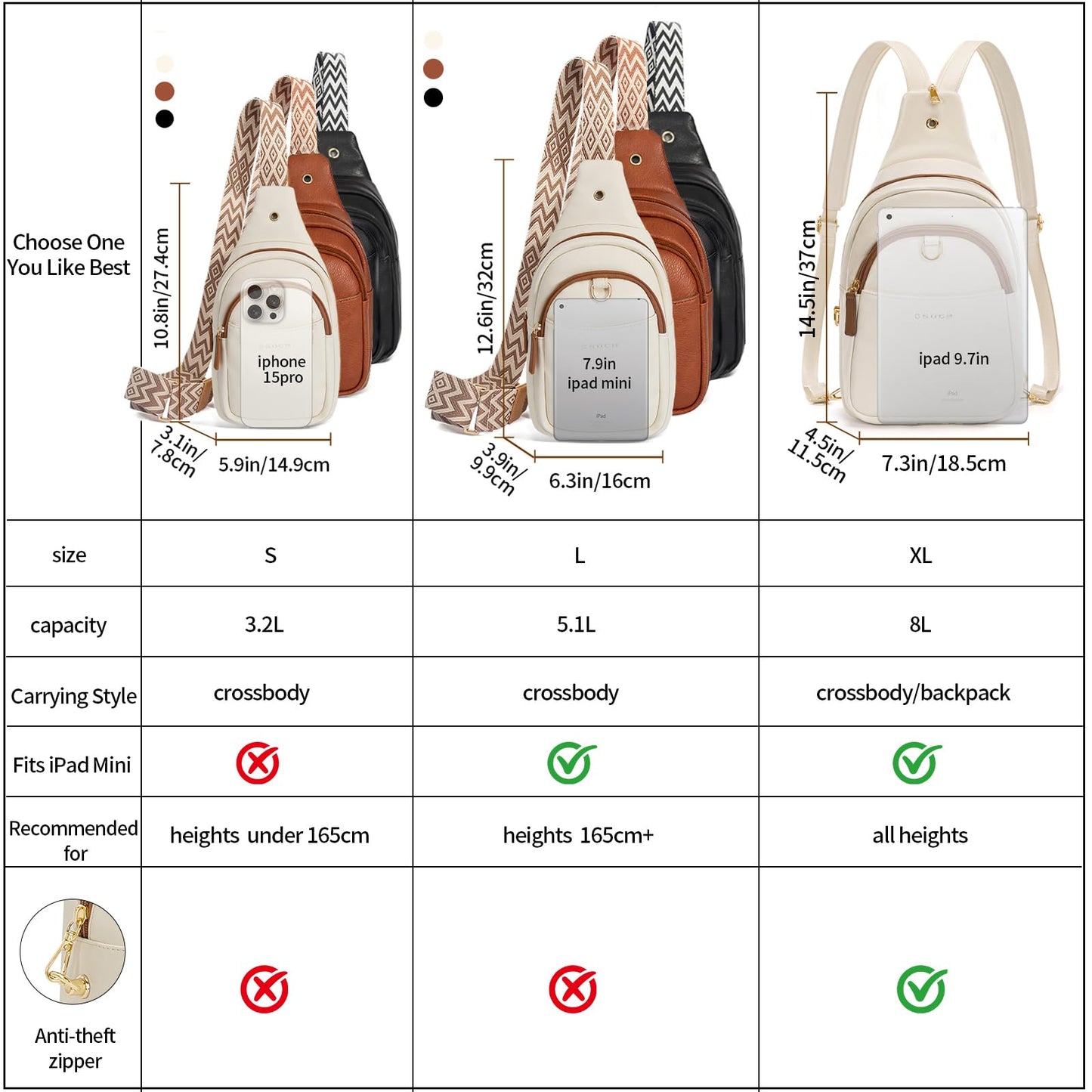 OSOCE Crossbody Bags for Women Sling Bag Anti Theft PU Leather Travel Chest Purse Small Adjustable Strap Fits Large Phone