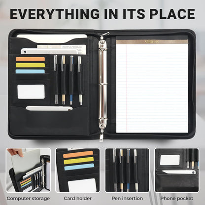 FORTAVEM Faux Leather Zippered Padfolio with 3 Ring Binder, Executive Portfolio Organizer Binder, Fits 13.9" Laptop/Tablet, Refillable Writing Pad Pocket, Black