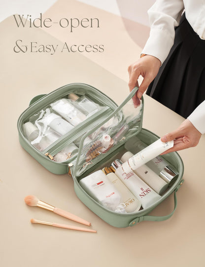 Oaque Clear Cosmetic Bag Double Layer Travel Toiletry Bag White Makeup Bag Case with 4 Compartments, Transparent Travel Bag for Toiletries, Large Toiletry Bag for Women Cosmetic Case (Sage Green)