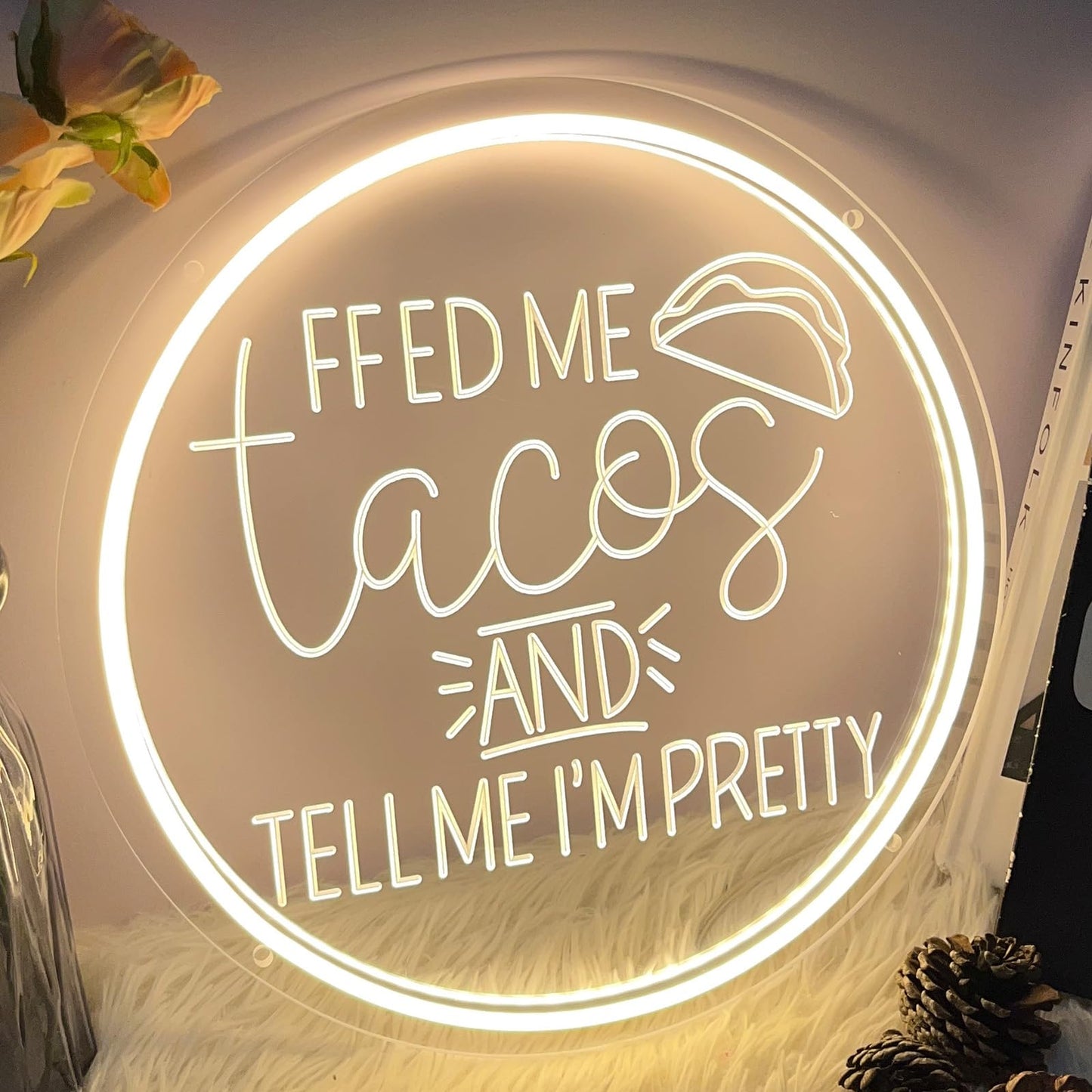Neon Sign Feed Me Tacos and Tell Me I’m Pretty For Wall Decor 3D Art Carving Design Indoor Bedroom Led Neon Sign Backdrop Flex Christmas Business Room Shop Window Birthday Gift(Warm White,USB,30×30CM)