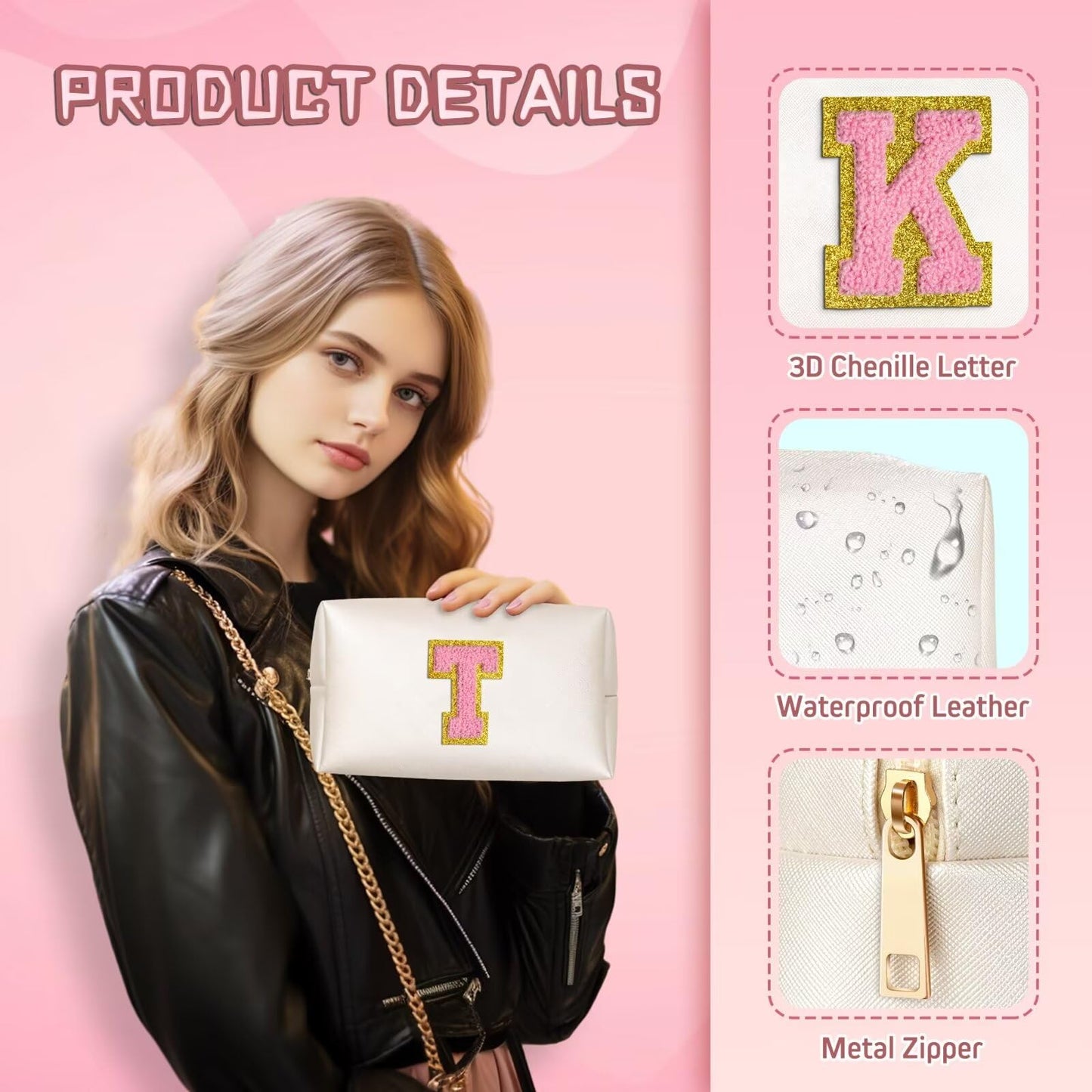TOPEAST Initial Makeup Bags for Women, Personalized Portable Cosmetic Bag for Travel, Cute Makeup Pouch, PU Leather Waterproof Toiletry Bag, Preppy Things for Girl (Pearly White V)