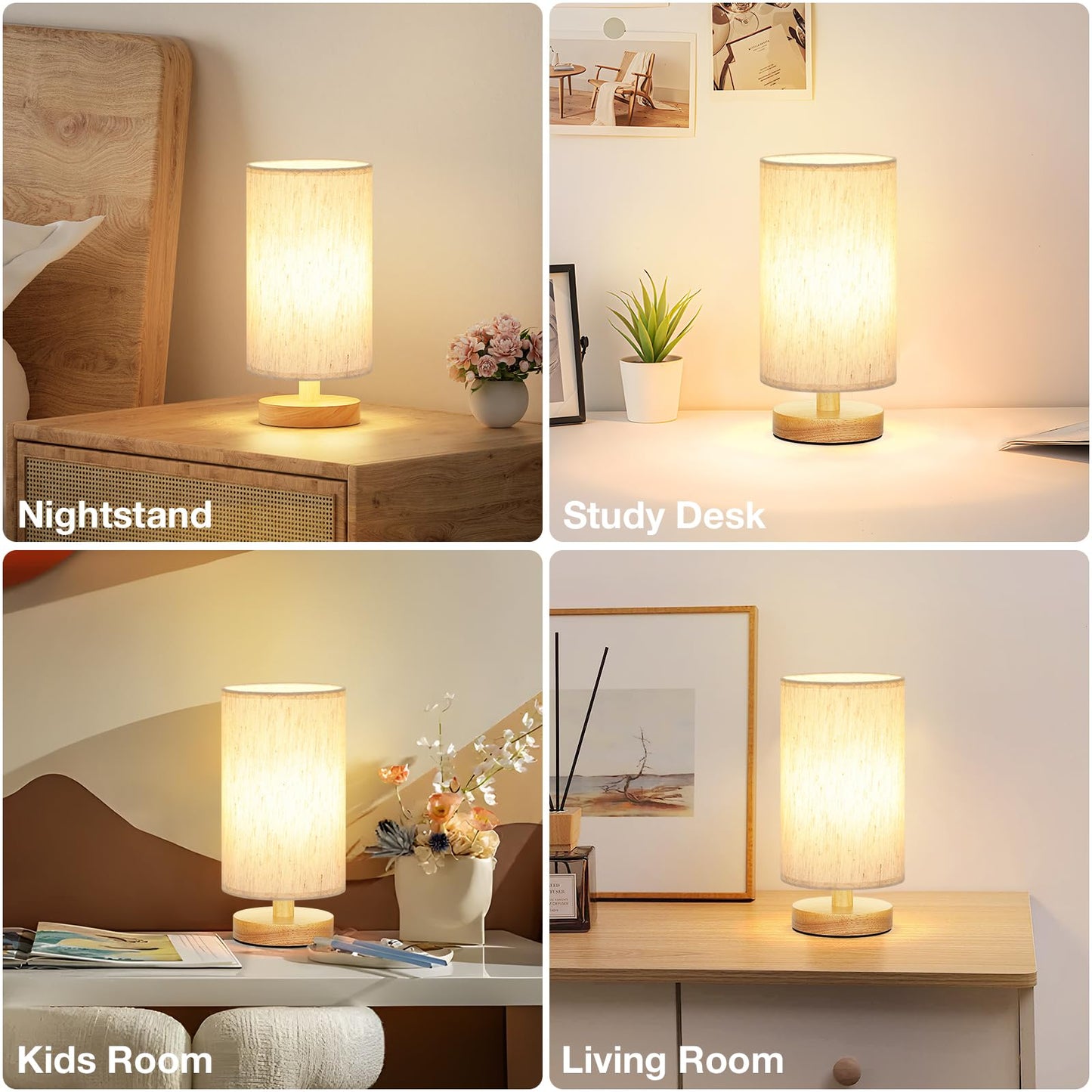 Fenmzee Small Table Lamp for Bedroom - Inline Control, Bedside Lamp with 3000K A15 LED Blub, Easy Assembly (Cream Shade - Wood Base, 9" Inline Control)