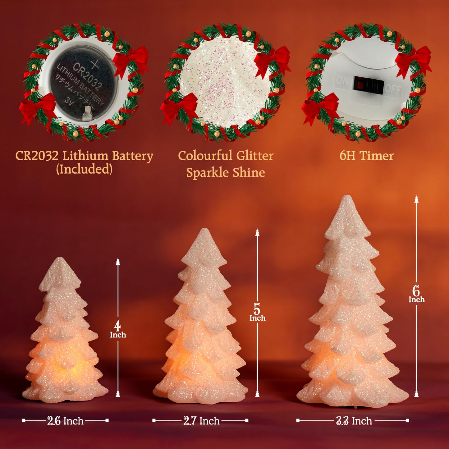 HN HAIINAA White Glittering Christmas Tree Shaped Flameless Candles with Timer, Real Wax Flickering Battery Operated LED Candles for Christmas Home Party Decoration Set of 3