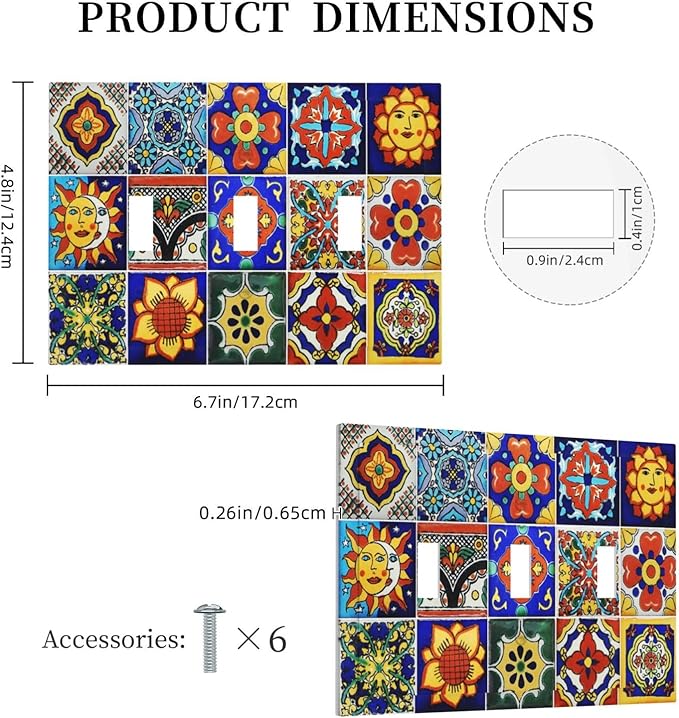 Traditional Colorful Talavera Mexican Spanish Moroccan Tiles 3 Gang Wall Plates Decorative Triple Toggle Light Switch Cover Electrical Switchplate Unused Decorate Faceplate for Bathroom Home