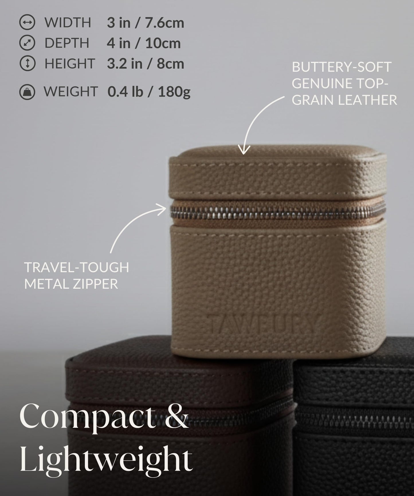 TAWBURY Single Watch Case - Genuine Top-Grain Leather Watch Box for Men & Women with Metal Zipper and Extra Wide Pillow for Large Watches (Taupe)