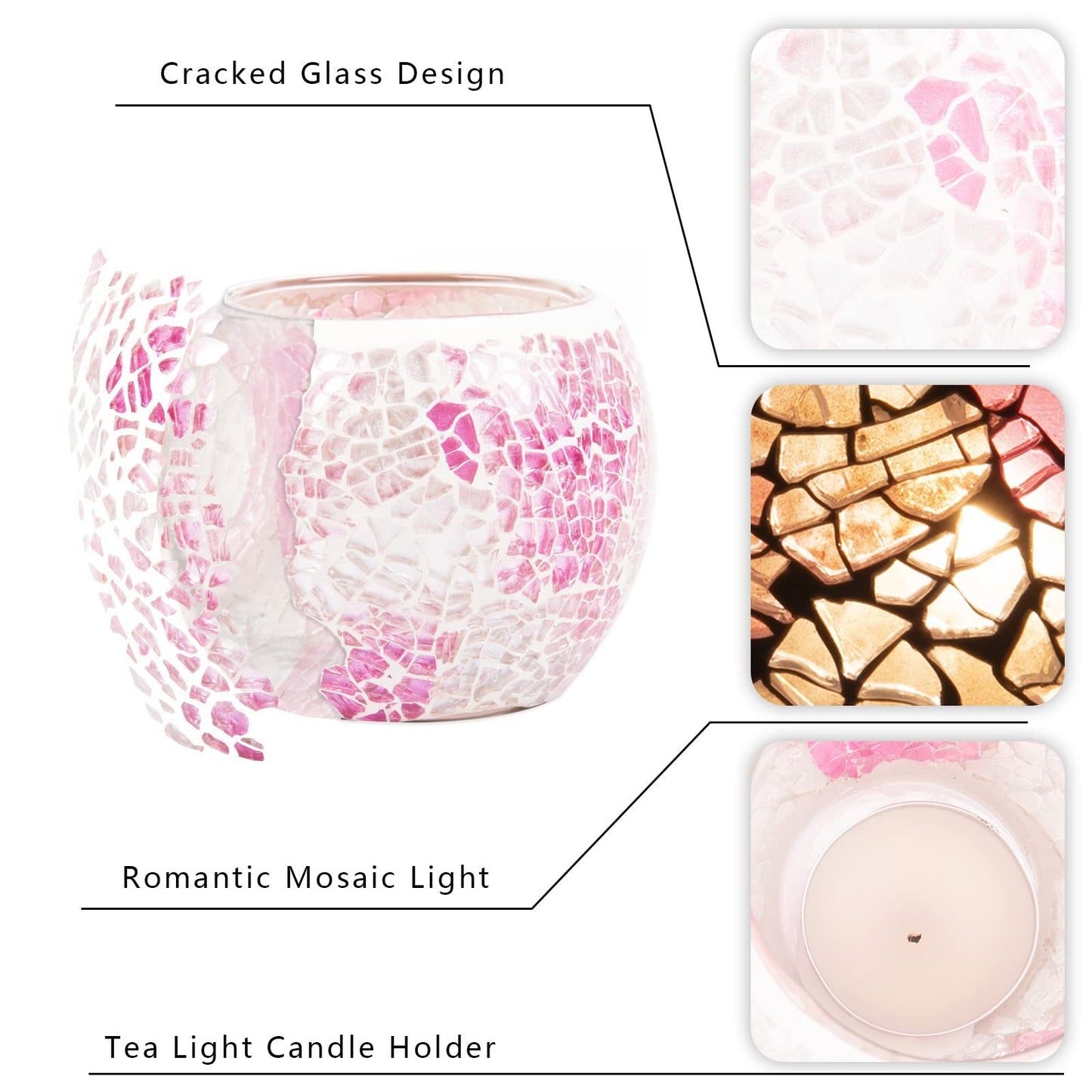 Rancco Glass Votive Candle Holder for Tealight, Romantic Mosaic Cracked Candle Holder, Candle Lamp Aromatherapy Candlescape Bowl for Valentine's Thanksgiving, Christmas Table Centerpiece, Party Decor