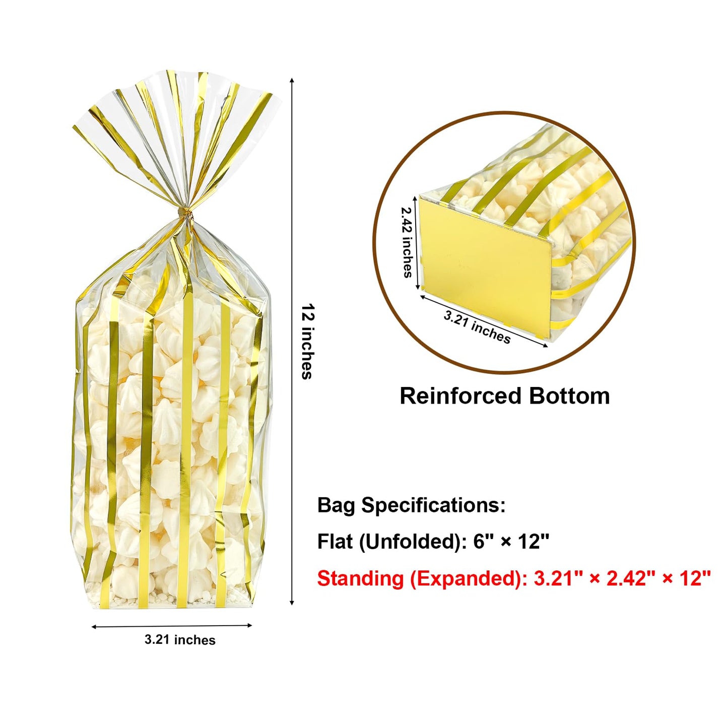 EKAPACKAGING 25 Pcs 3.21x2.42x12in Flat Bottom Cellophane Bags (6x12in Flat Size), Metallic Gold Stripe Treat Bags with Ties, Heat Sealable Clear Cello Bags for Cookies