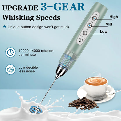 Milk Frother Handheld for Coffee, Electric Whisk 3 Speed Adjustable, Drink Mixer with Stainless 3 Whisks, Rechargeable Hand Frother Wand, Foam Maker for Latte Cappuccino Matcha Egg Silver