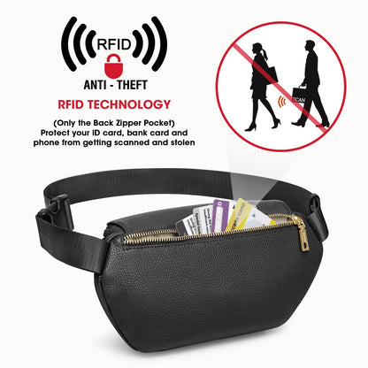 Kattee Fanny Packs for Women, Leather Crossbody Bags for Women Trendy, Small Belt Bag,Fashion Waist Packs with RFID Blocking, Black