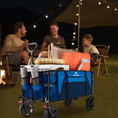 Navatiee 130L Collapsible Foldable Wagon With Wheels, Large Capacity Cart With Side Pocket and Brakes for Grocery Shopping, Garden and Outdoor Use, Blue