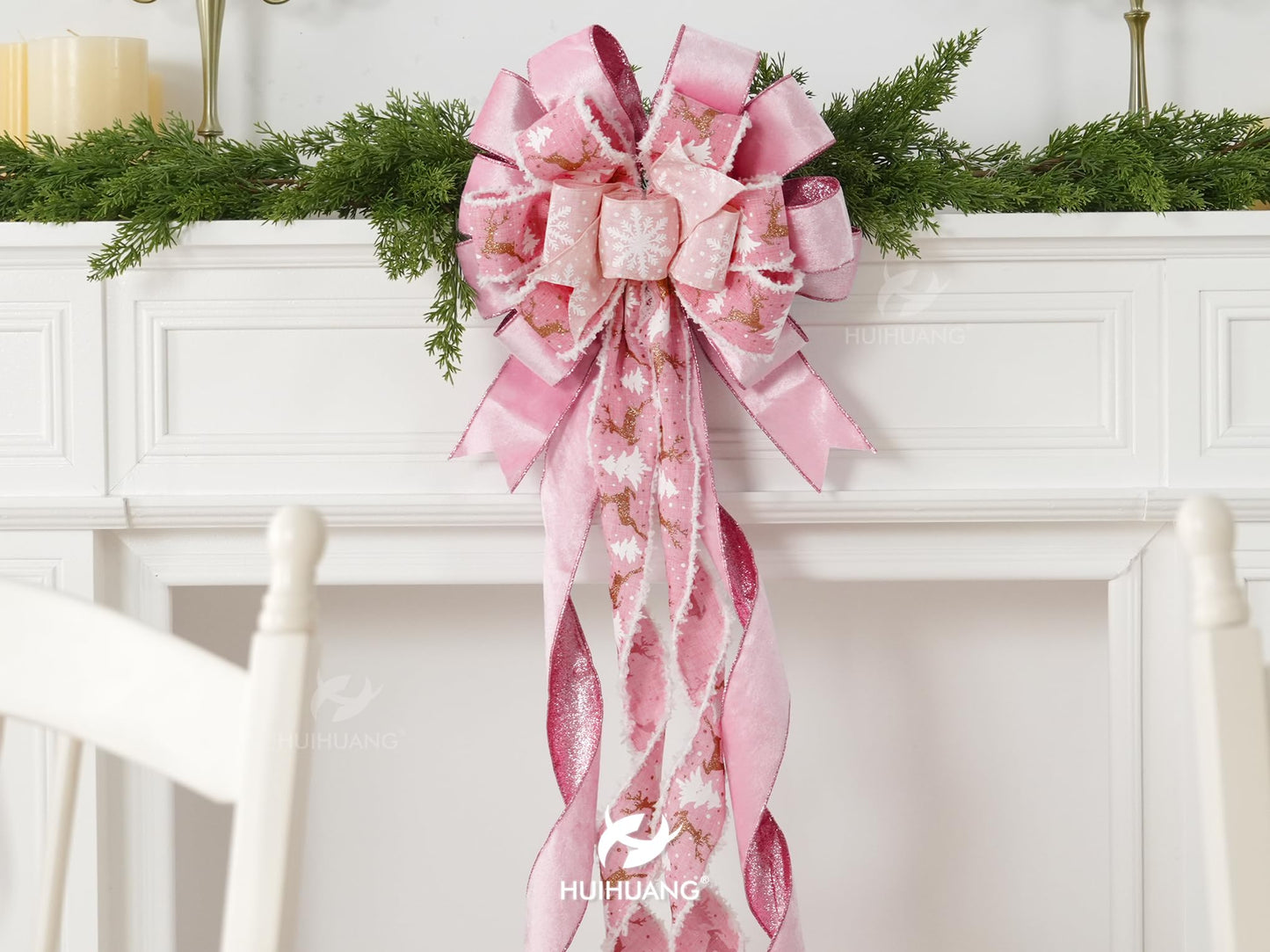 HUIHUANG Pink Christmas Tree Topper Bow 13 inch x 45 inch Large Christmas Bows Pink and White Snowflake Velvet Bows for Christmas Tree Ornament, Wreaths, Staircase, Mantel, Home Decor