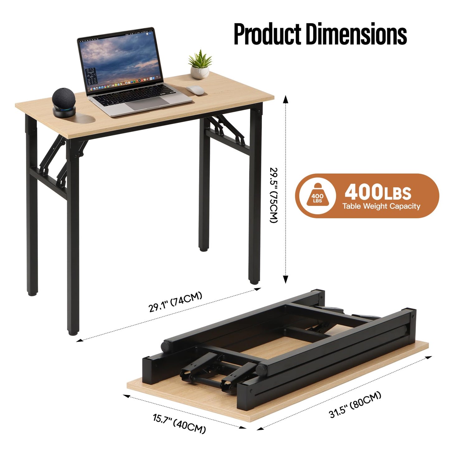Panana Small Foldable Computer Desk, 31.5 inch Folding Home Office Desk for Small Spaces, Modern Simple Style for Home, Office, Study, Writing, No Assembly Required (Natural Wood, 31.5" x 15.7")