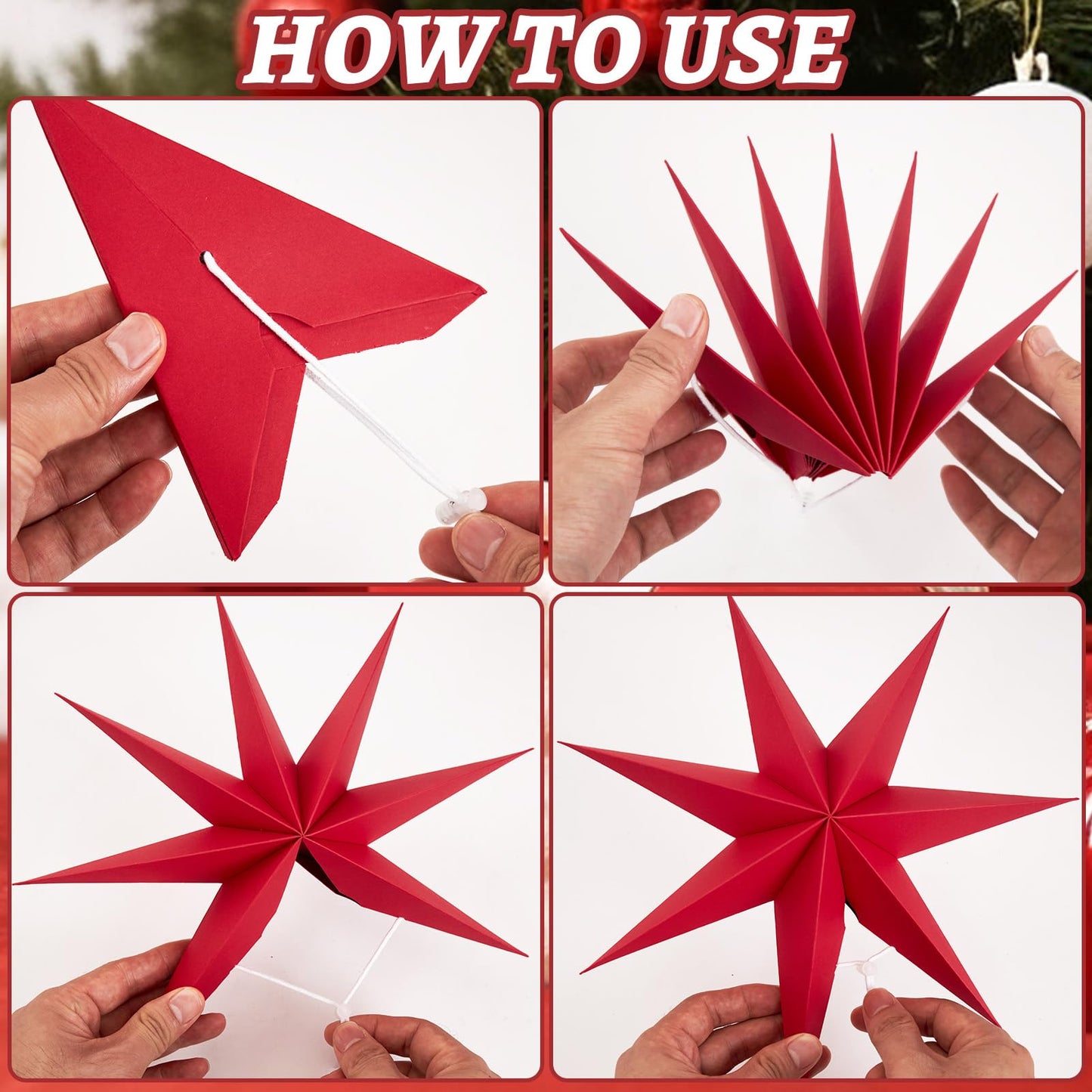 5 Pcs 7-Pointed Paper Star Lanterns 12 Inch Red and White Christmas Hanging Stars 3D Paper Star Ornaments Foldable for Wedding Birthday Xmas Home Party Decor