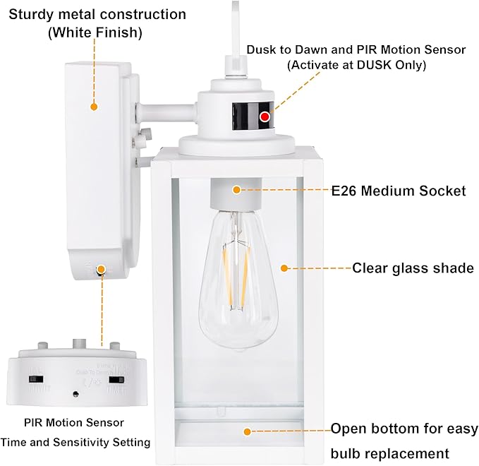 GRUENLICH Dusk to Dawn Outdoor Wall Lantern, PIR Motion Sensor Wall Sconce, E26 Base Max 60W, Metal Housing Plus Glass, White Finish, Bulb Not Included, 2-Pack