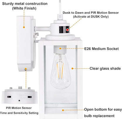 GRUENLICH Dusk to Dawn Outdoor Wall Lantern, PIR Motion Sensor Wall Sconce, E26 Base Max 60W, Metal Housing Plus Glass, White Finish, Bulb Not Included, 2-Pack