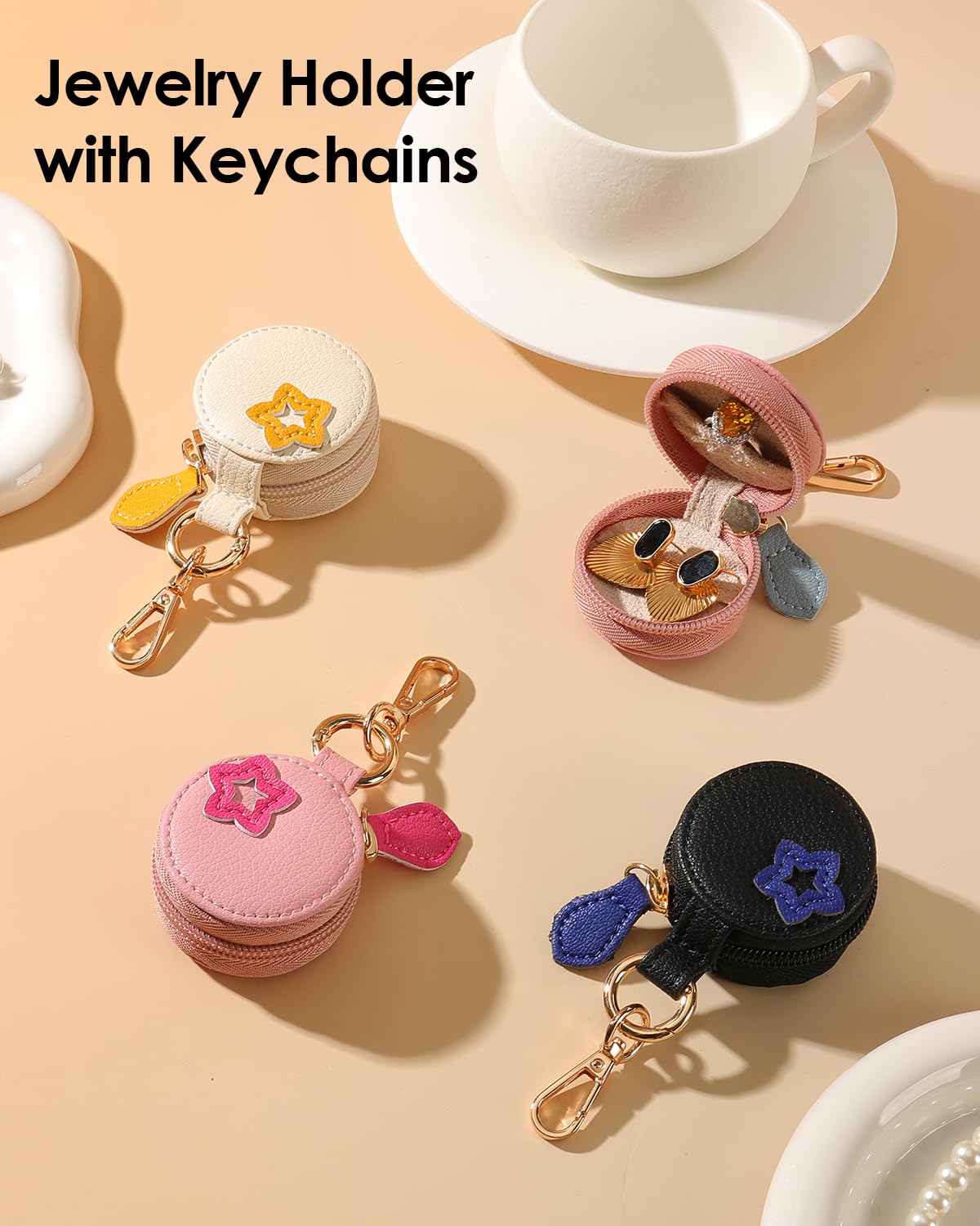 COOLYOUTH Travel Jewelry Holder Storage Ring Holder with Keychain Leather Mini Ring Case (Blue Black)