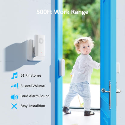 Wireless Door Sensor Chime, Door Open Alarm When Entry Business/Office/Store (500ft Range 51 Ringer Adjustable Volume) Home Alert Bell for Kid/Toddler Safety