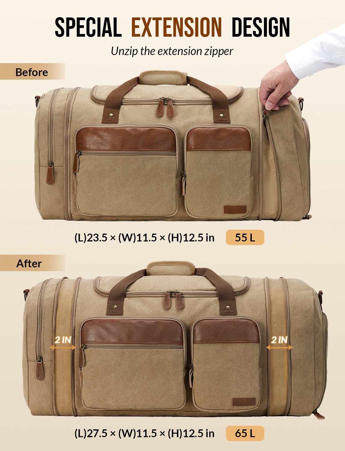 Celvetch Canvas Duffle Bag for Travel 65L Expandable Travel Duffel Bags for Men Women Overnight Weekend Gym Bag with Shoes Compartment - Brown(65L)