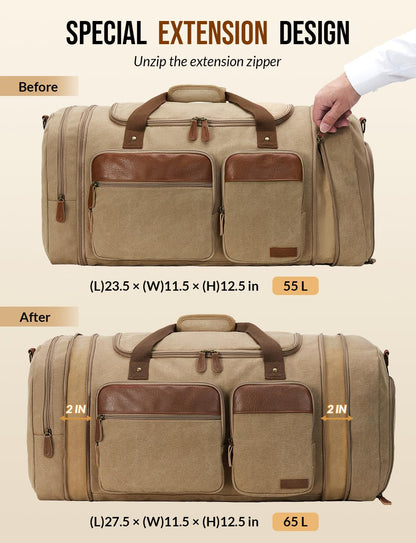 Celvetch Canvas Duffle Bag for Travel 65L Expandable Travel Duffel Bags for Men Women Overnight Weekend Gym Bag with Shoes Compartment - Brown(65L)