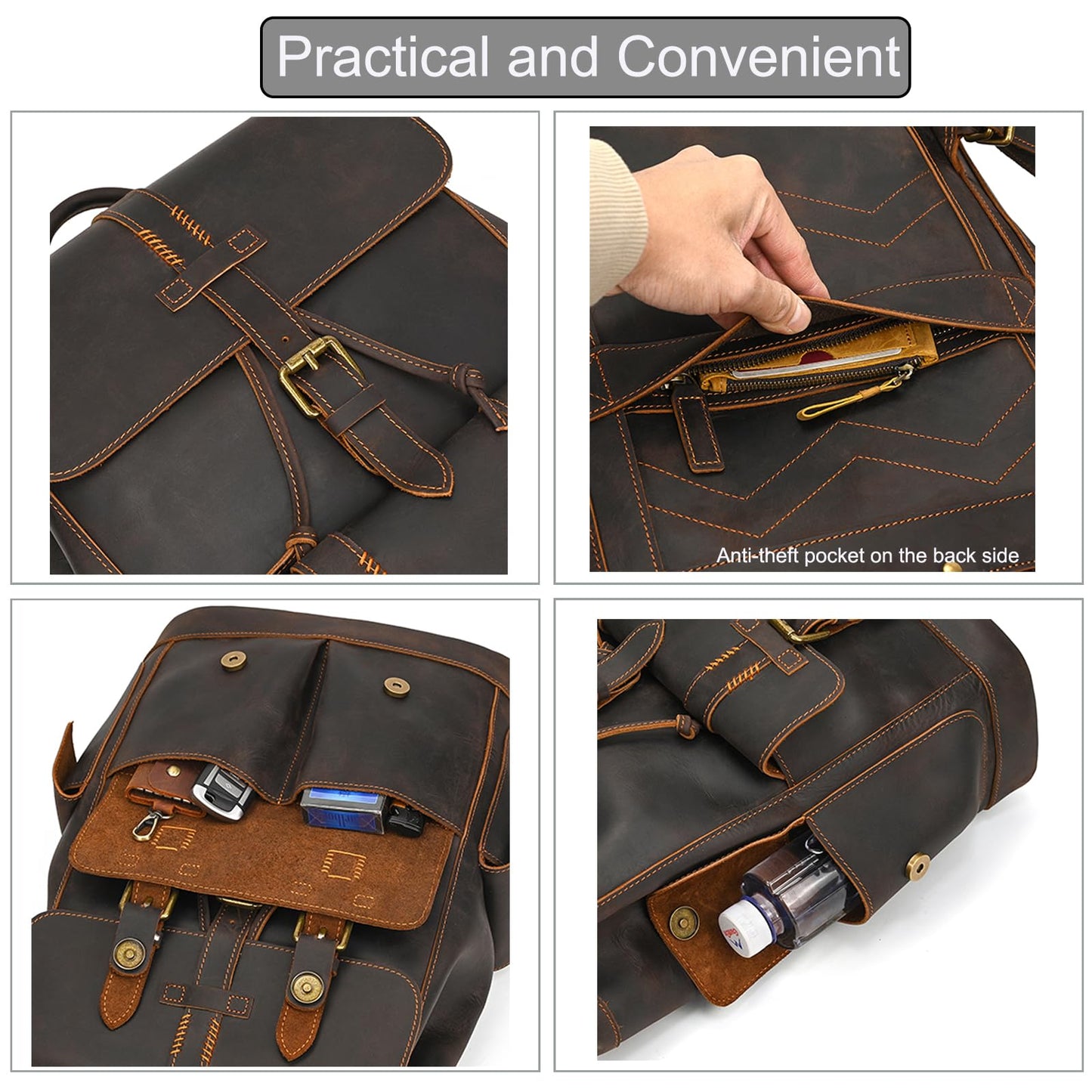 LUUFAN Genuine Leather Backpack for Men Casual 15.6 Inch Laptop Shoulder Bag Rucksack with Anti-Theft Pocket Travel Daypack, Coffee