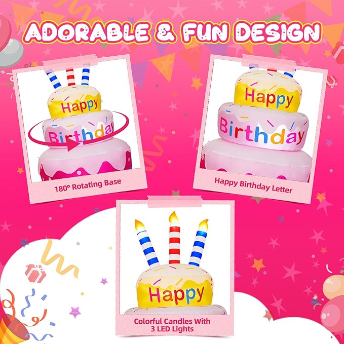 6FT Inflatable Happy Birthday Outdoor Decorations Cake with Candles, Bright LED Lights, Blow Up Yard Decoration with Rotating Colorful Appearance for Outdoor Indoor Birthday Party Garden Lawn