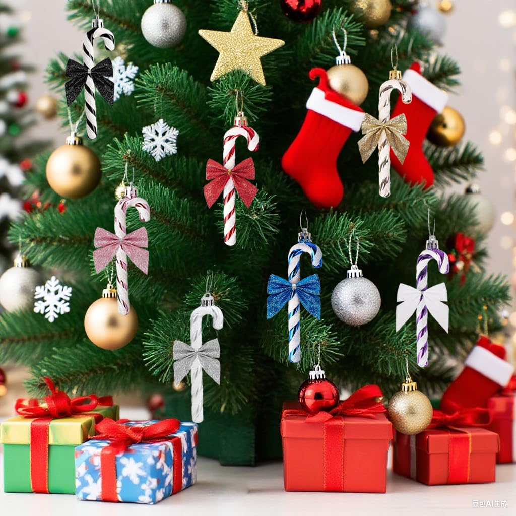 HERZWILD 12Pcs Christmas Glitter Candy Cane with Bow Blue Plastic Candy Cane Decoration Christmas Tree Hanging Ornament for Holiday Party Decoration Favor(Blue Bow)