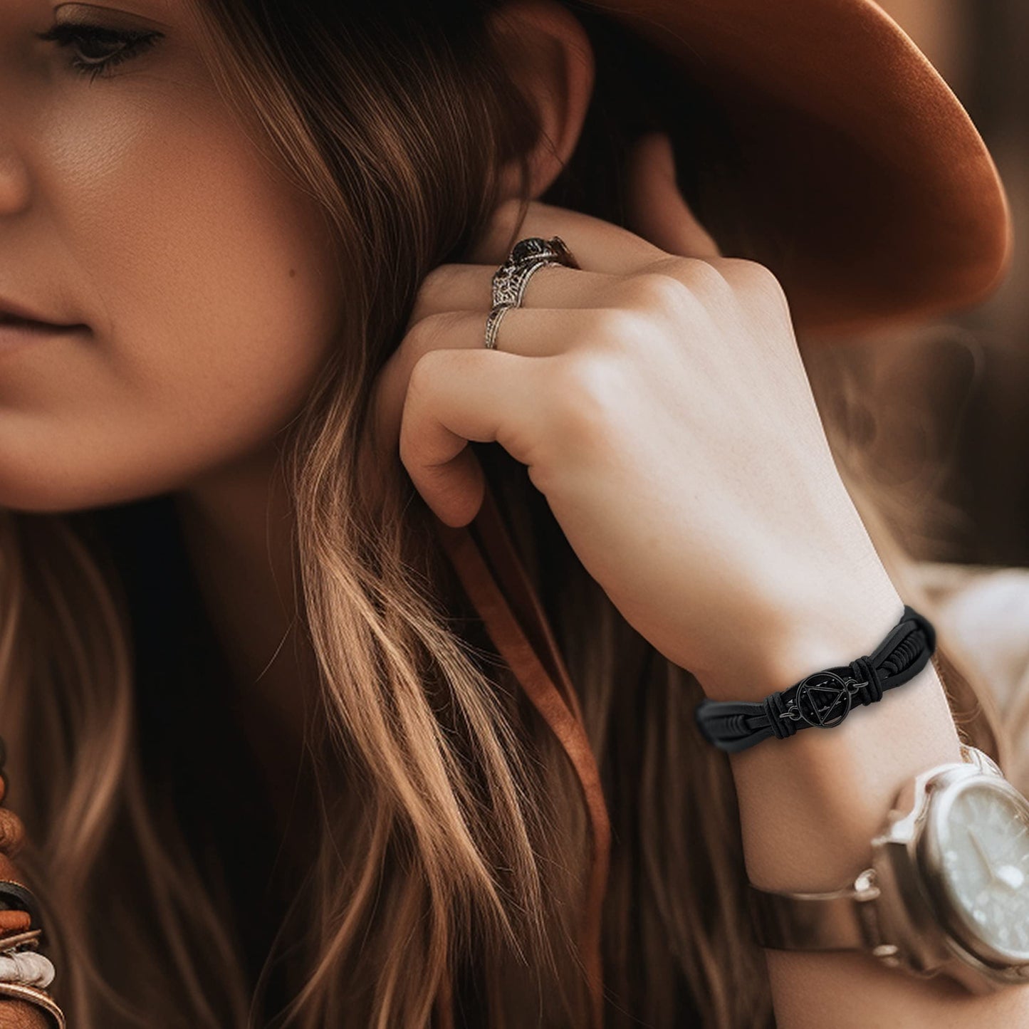 The Token Shop Adjustable Black Leather AA Bracelet with Alcoholics Anonymous Circle Triangle Charm | Sobriety Gift for Men and Women in Recovery