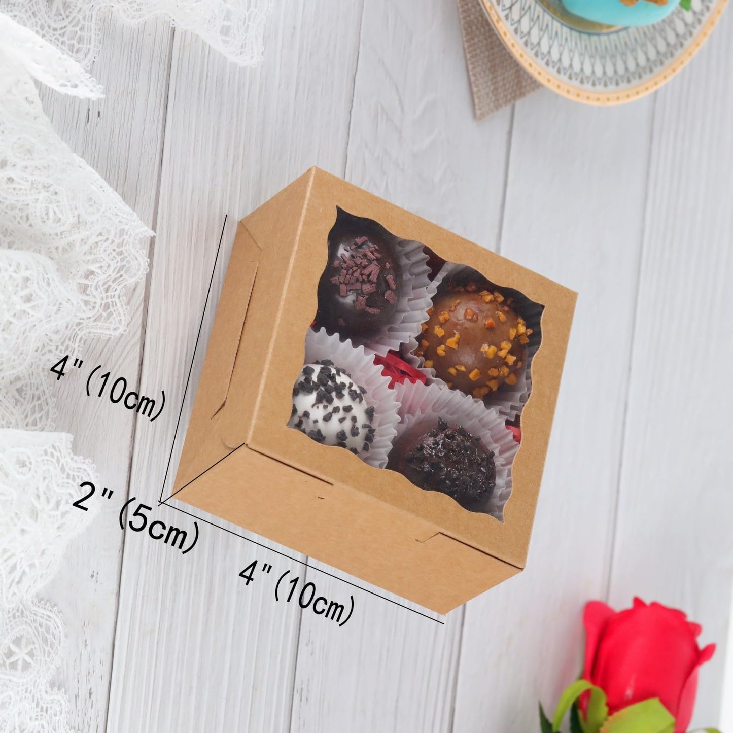 JCXGRVC 50 Pack Cookie Boxes with Window 4x4x2 Inch,Bakery Boxes, Chocolates Strawberries,Treat Boxes, Mini Cake Boxes, Pastry Dessert Boxes for Candy, Cupcakes- Brown Paper