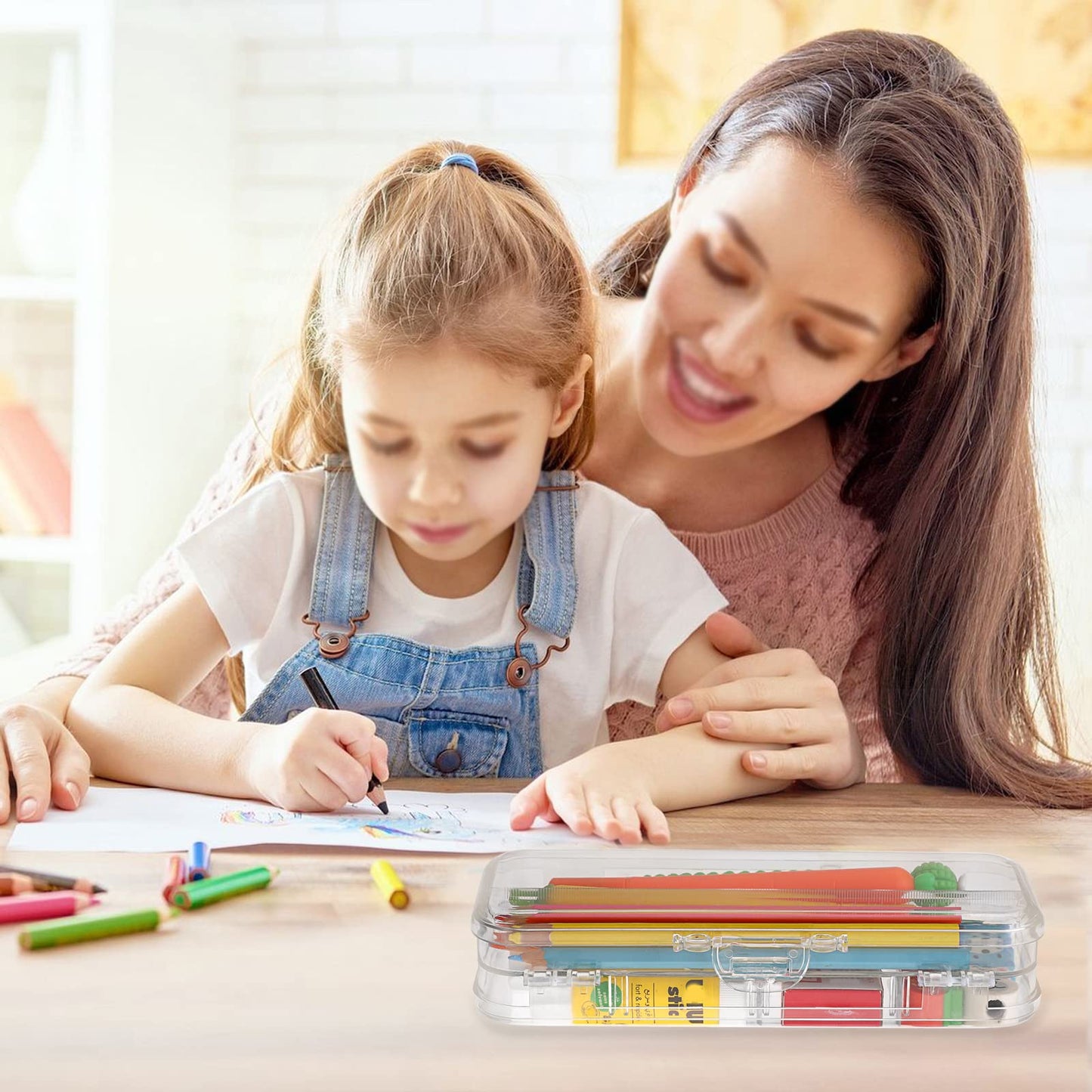 BTSKY Double Deck Pencils Box Clear Plastic Stationery Box with 4 Removable Ruler Dividing Spacers Multi-grid Home Utility Boxes with 6 Compartments for Pencils Erasers Clips (Clear)