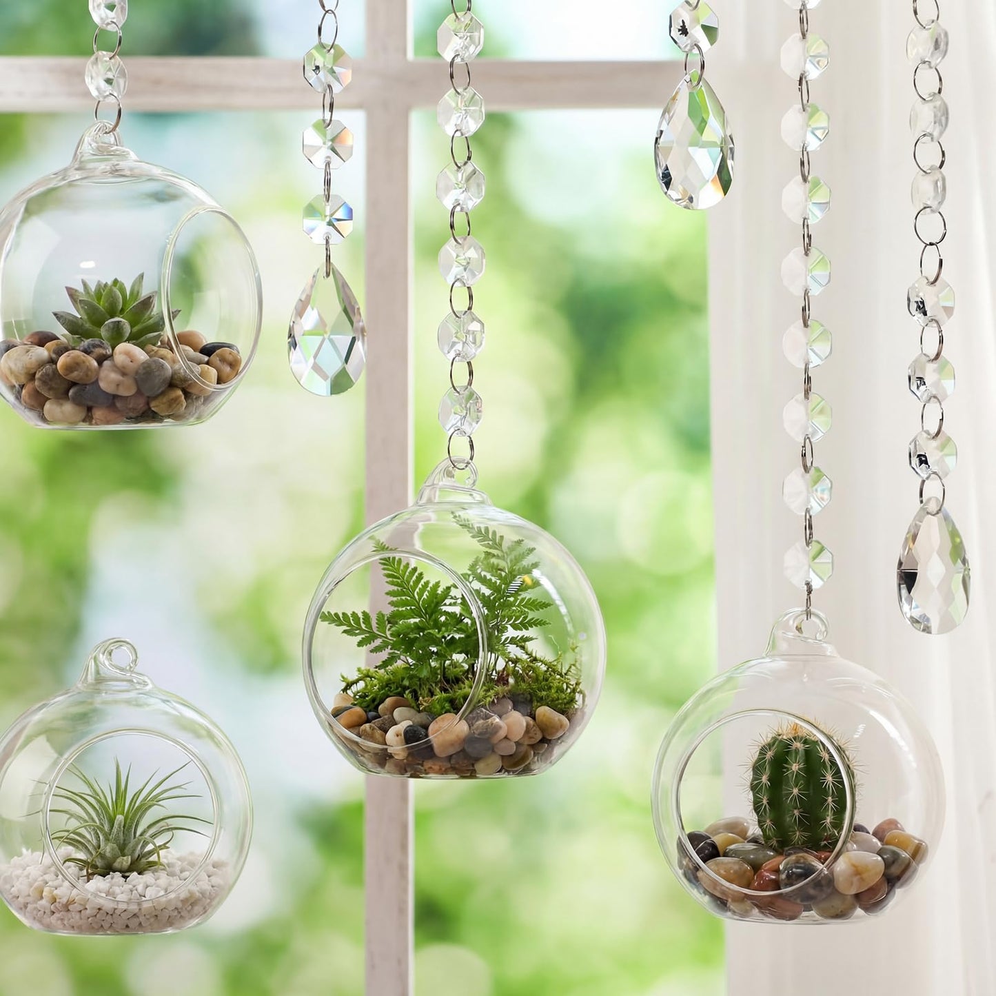 GlikCeil 56 Pcs 3.15'' Hanging Glass Tealight Holder Globe with K9 Crystal Garland Strands,Teardrop Pendant Hanging Tealight Candle Holder Orbs Air Plant for Wedding Centerpiece Party Decor (Clear)