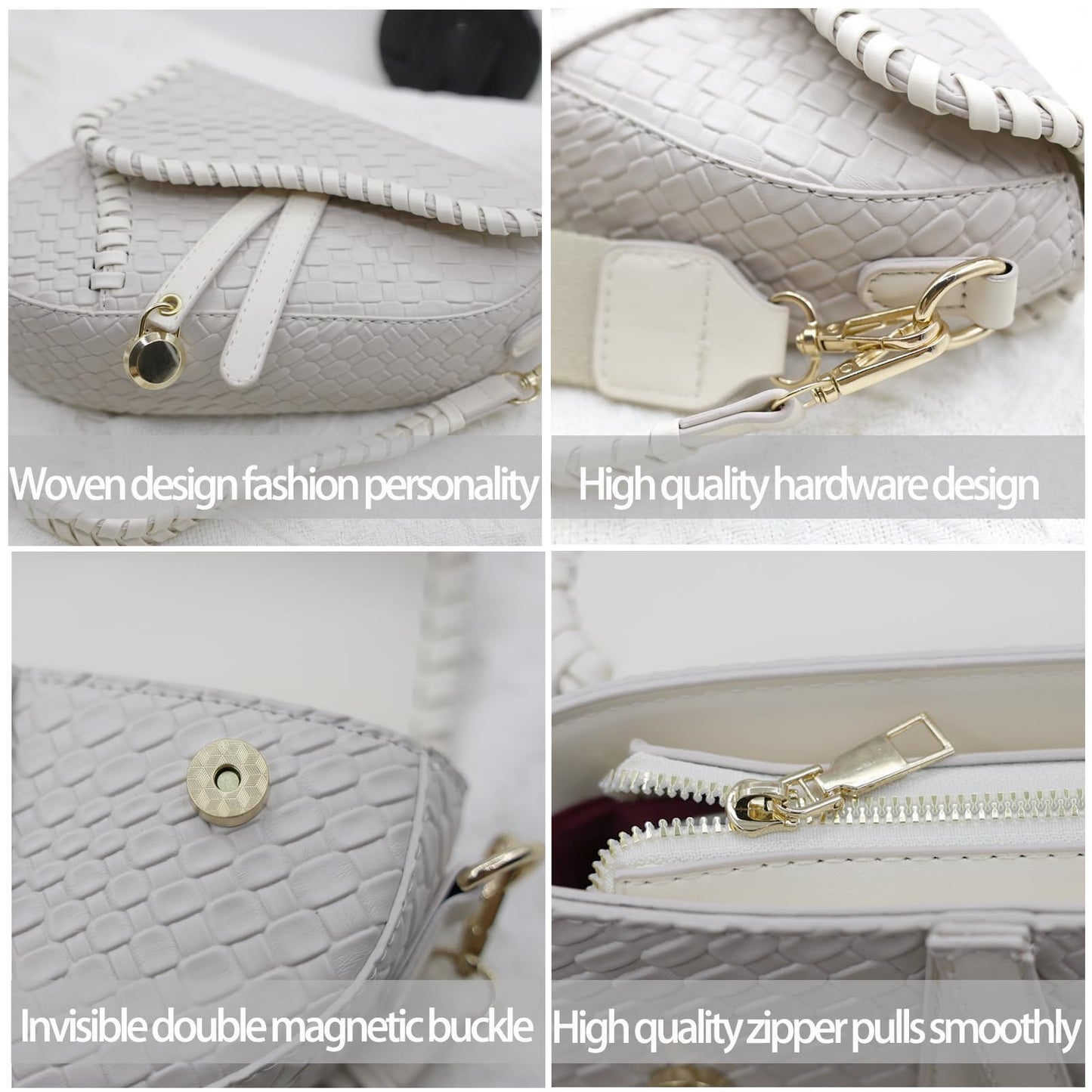 ERWUBA fashion women saddle shoulder bag clutch purse crossbody satchel handbag woven imitation crocodile leather bag (Off-white Large)