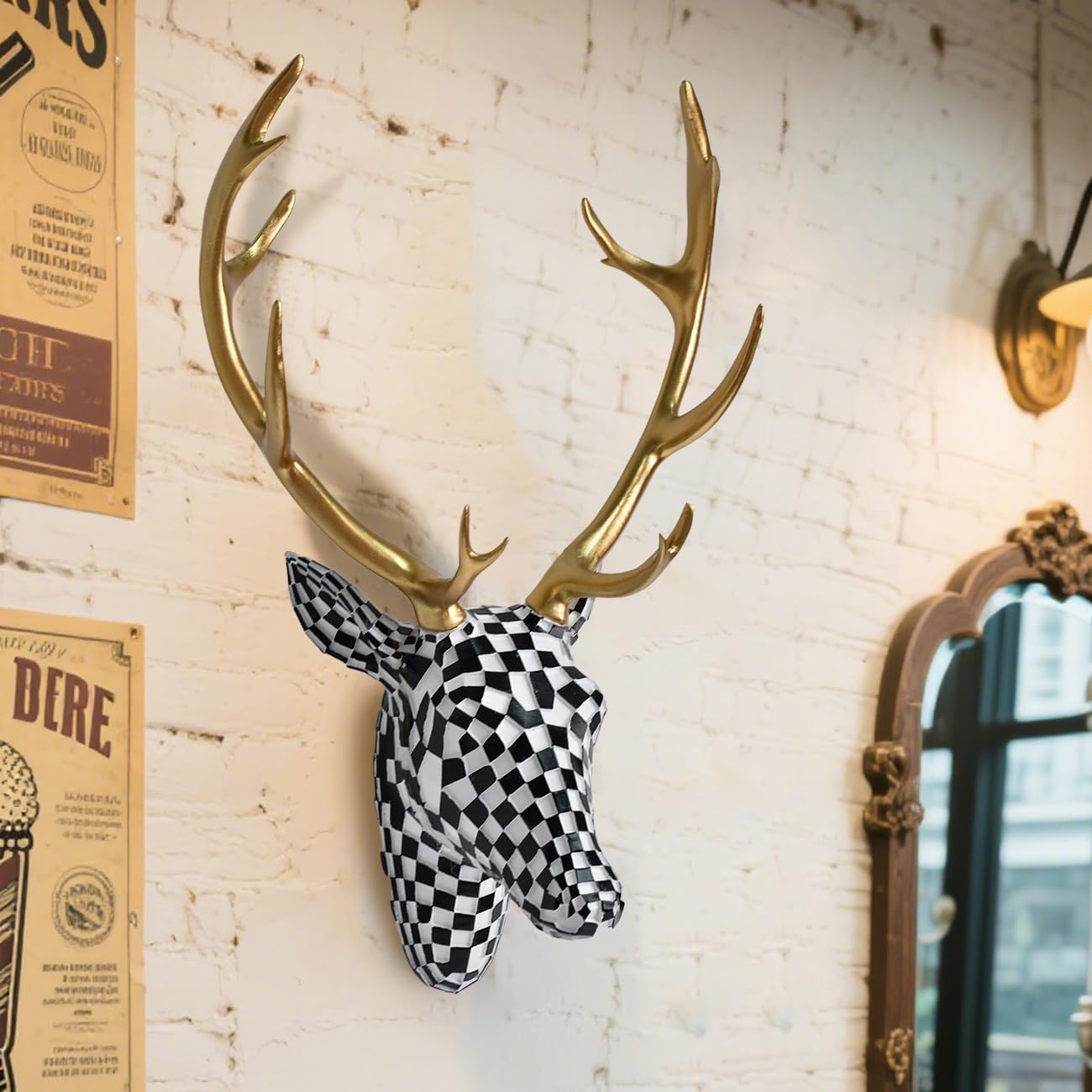 GIGICICI Mosaic Deer Head Wall Decor 15.7x8.7 Inch, Artistic Faux Resin Animal Head Wall Sculpture Hanging for Living Room Bedroom Kitchen Office, Black-White Gift