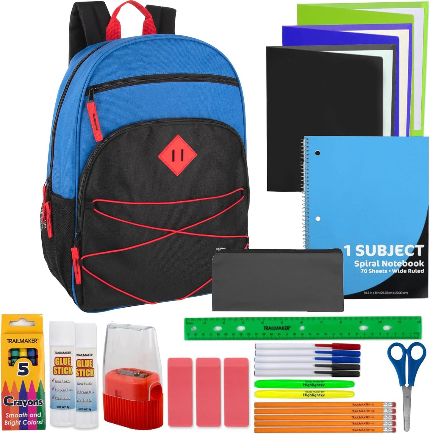 Trail maker Kids Backpacks with School Supplies for Boys, Girls | 20 Piece Back to School Supplies Set with 17" Bungee Backpack (Blue & Black)