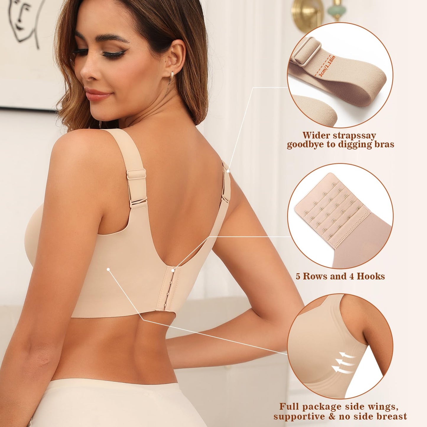 PoseFree Wireless Bras for Women Full Coverage Bra Full Support and Lift No Underwire Back Smoothing Bralette Everyday Bra (Nude,XL)