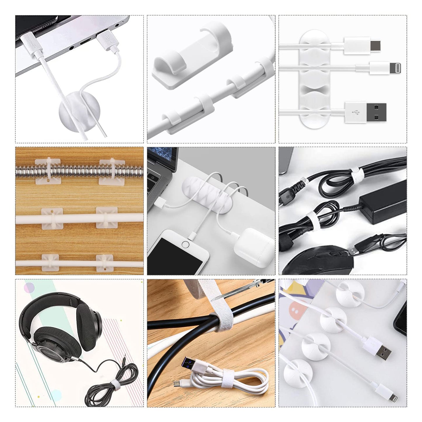 CHZHLI White Cable Management Organizer Kit, 2 Wire Sleeve Protector, 41 Self Adhesive Cable Clips Holder, 10pcs+2 Roll Reusable Cable Ties and 100 Cable Zip Ties for TV Computer Cord Tidy Under Desk