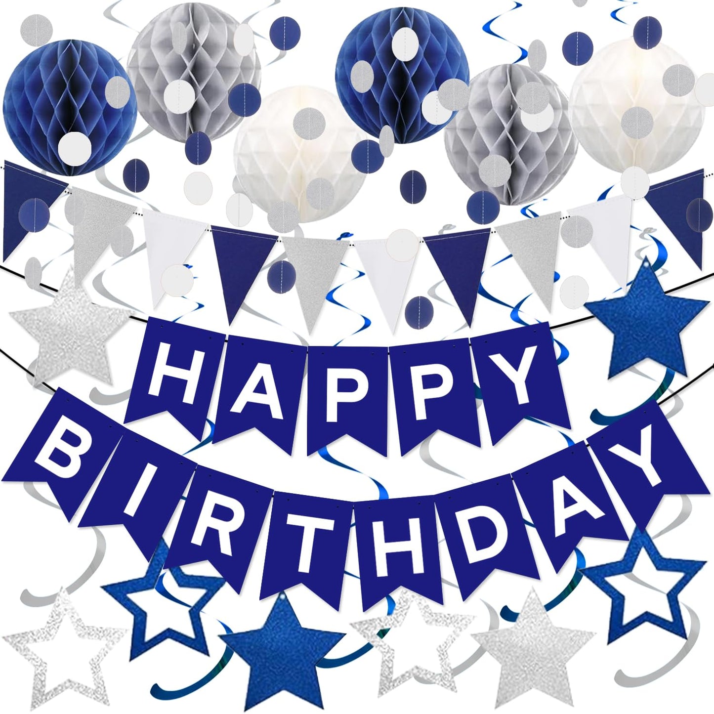 Navy Blue White Silver Birthday Party Decorations for Boys Men, Pre-Strung Navy Blue Birthday Banner with Honeycomb Balls, Stars Hanging Swirl Streamers, Circle Dots Garland, Triangle Pennant