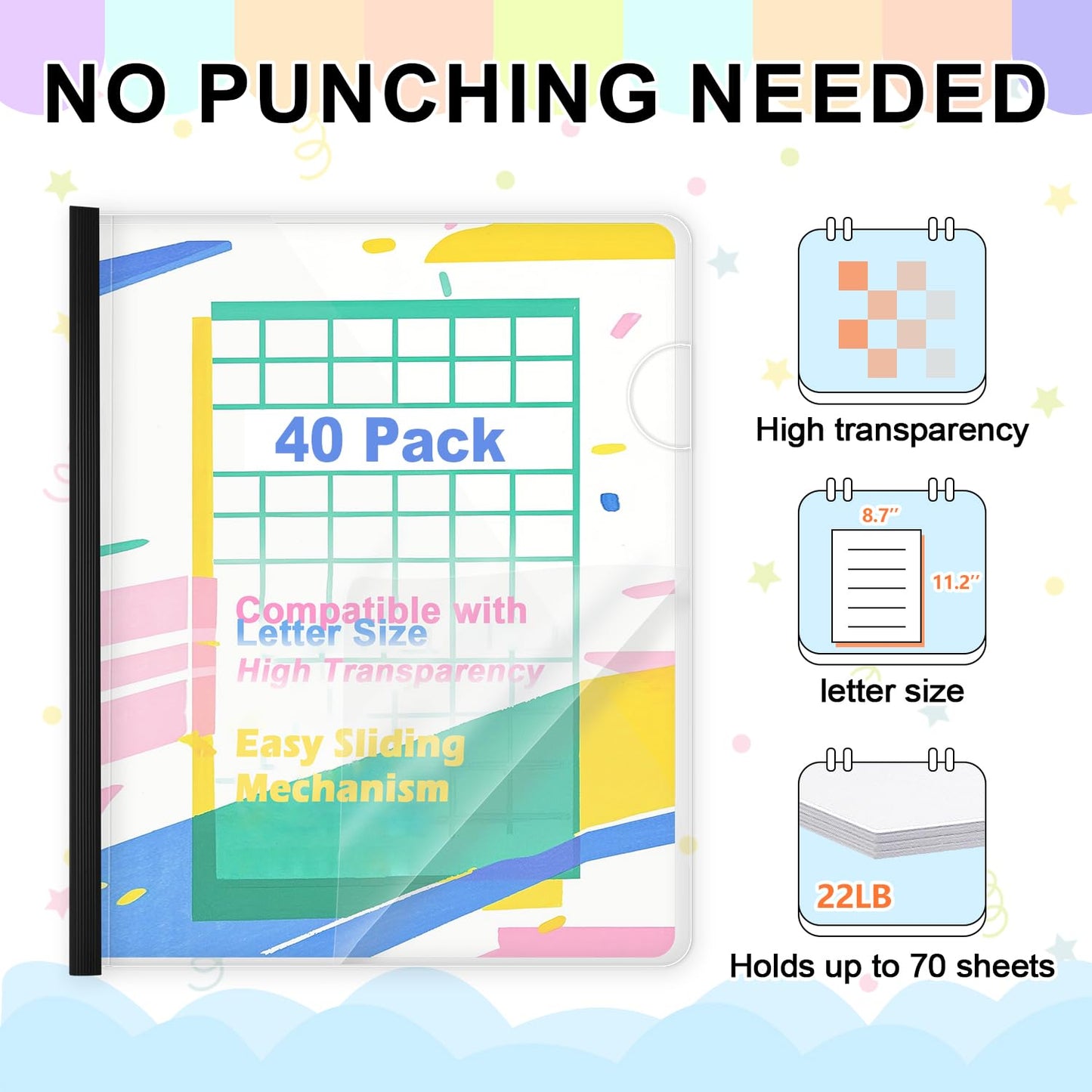TOTiyea 40 Pack Clear Report Covers with Sliding Bars, 9mm (40 Sheet Capacity) Black Sliding Bar File Folders, for Letter Size