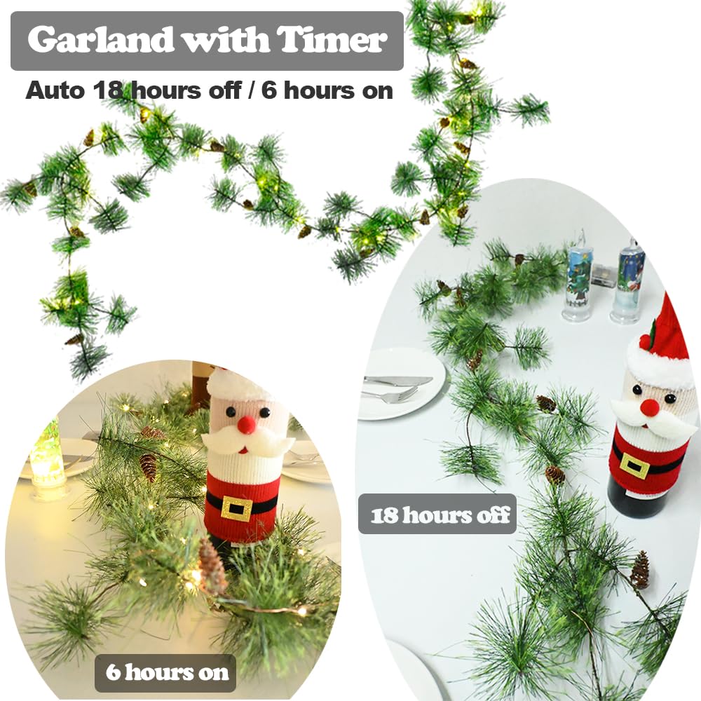 Pre-lit Christmas Garland with Lights 9.84 FT Smokey Pine Garlands 40 LED Fairy Lights Battery Operated with Timer Pine Cones Artificial Greenery Garland Wreath for Christmas Home Mantle Stairs Decor