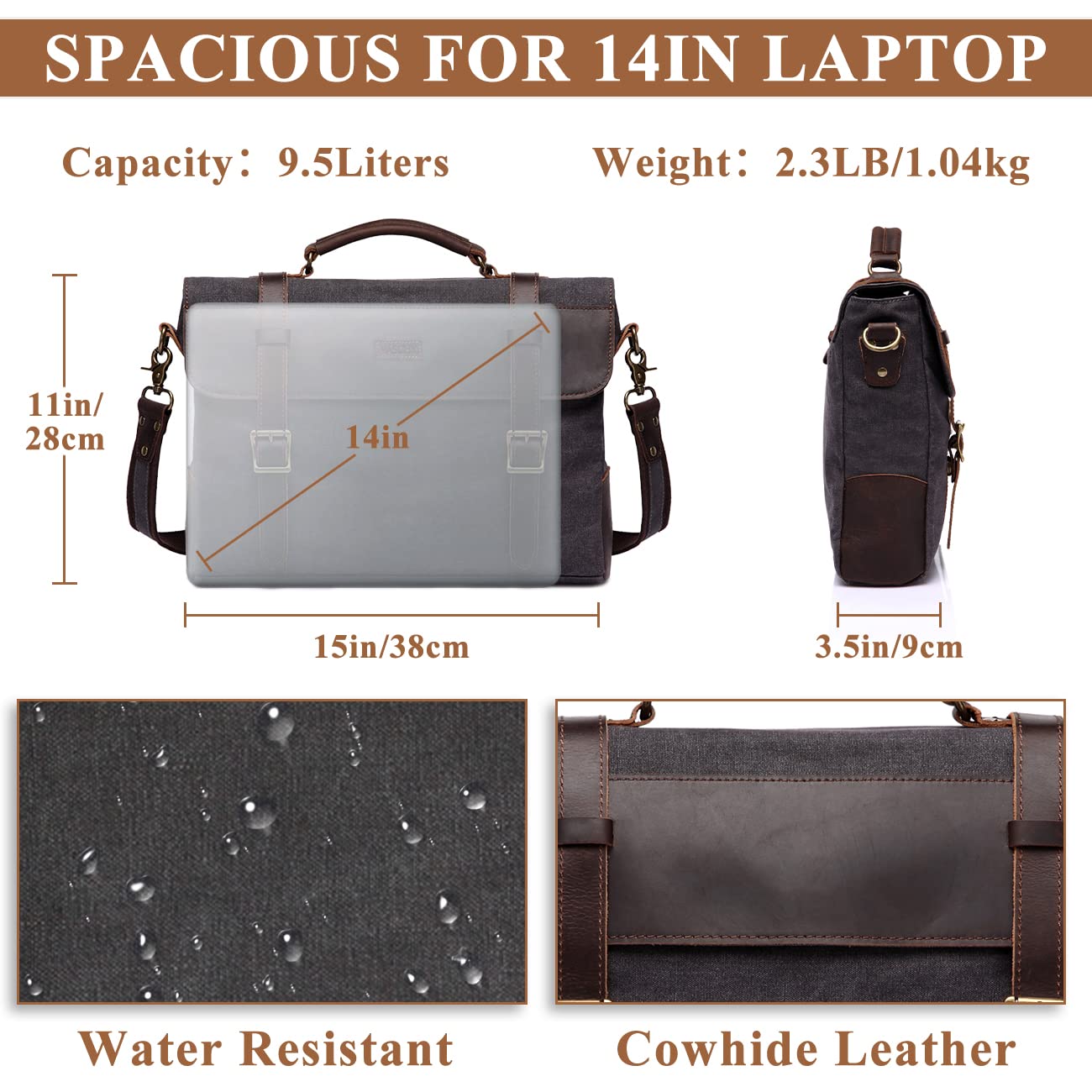 VASCHY Vintage Canvas Leather Messenger Bag School Shoulder Bag Business Briefcase Satchel Gray