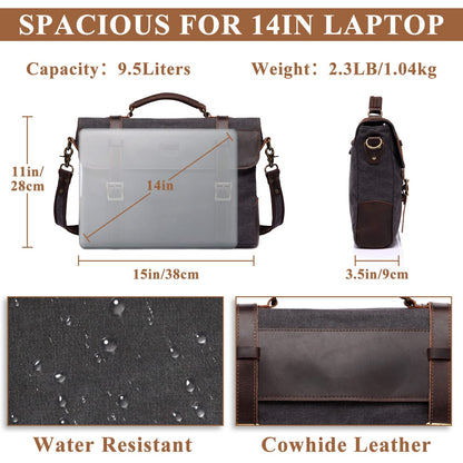 VASCHY Vintage Canvas Leather Messenger Bag School Shoulder Bag Business Briefcase Satchel Gray