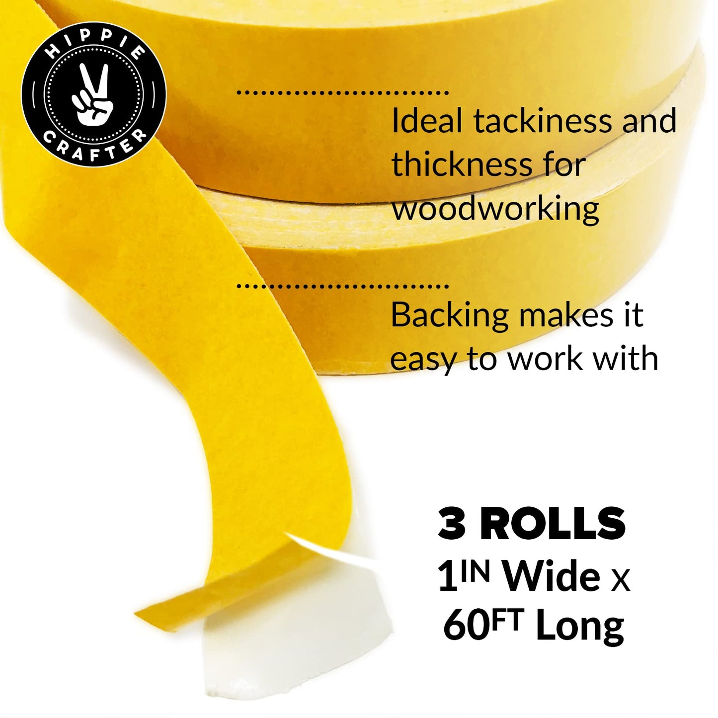 HIPPIE CRAFTER 3 Pack Double Sided Tape for Woodworking, 1 Inch Wide Heavy Duty Woodworking Tape for CNC Machines and Routing Templates, 60 Feet Each,180ft Total