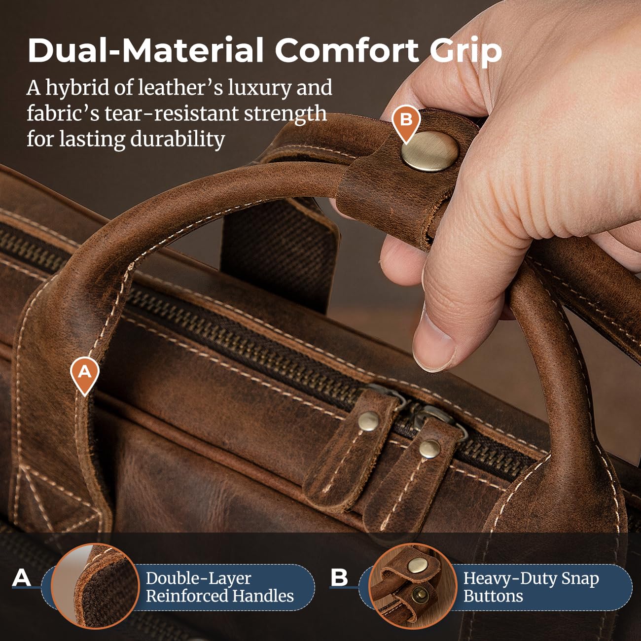 Augus Men's Buffalo Crazy Horse Leather Briefcase for 16 Inch Laptop, Computer Bag with YKK Zipper & Luggage Strap, Fits 16" MacBook, Work Travel Messenger Shoulder Bag, Brown