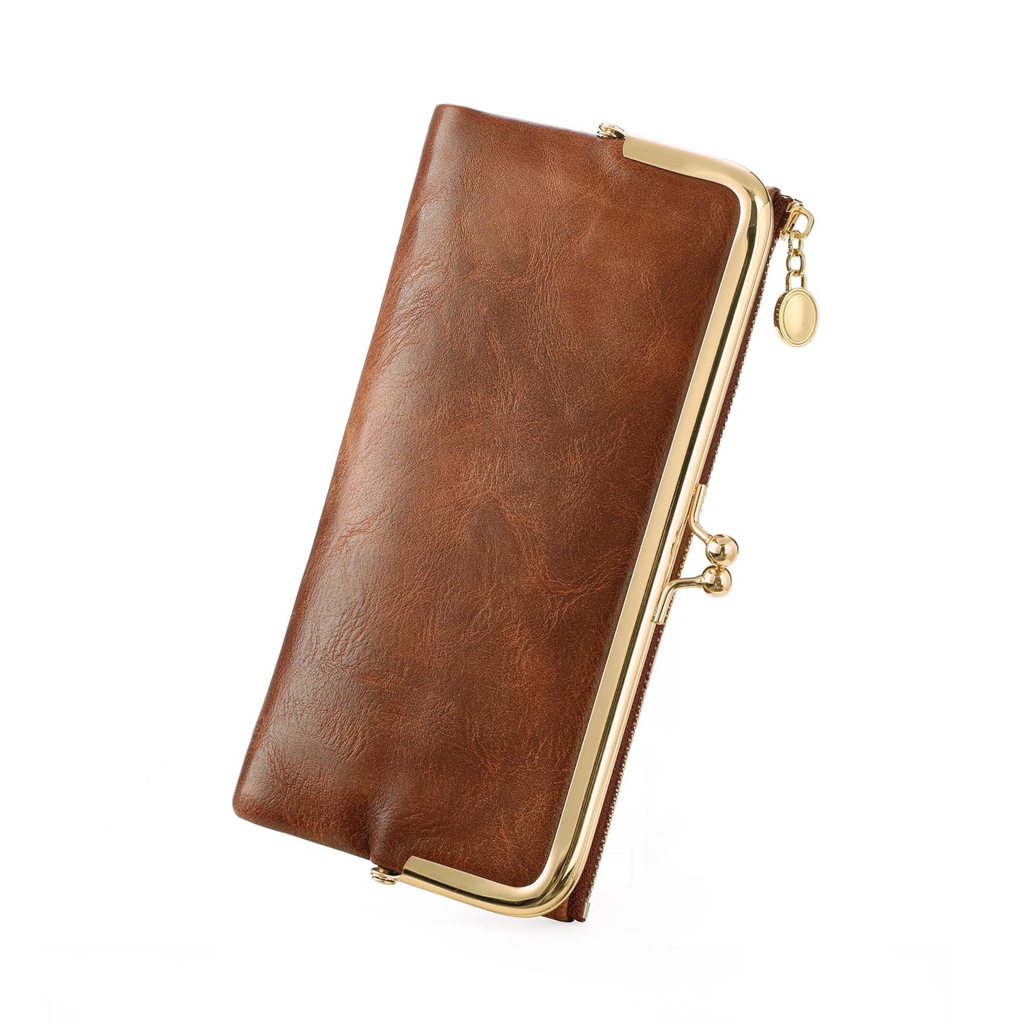 GOIACII Womens Wallet Ladies Vintage Billfold Compact Card Holder Long Zip Clutch Purse with Kiss Lock Brown