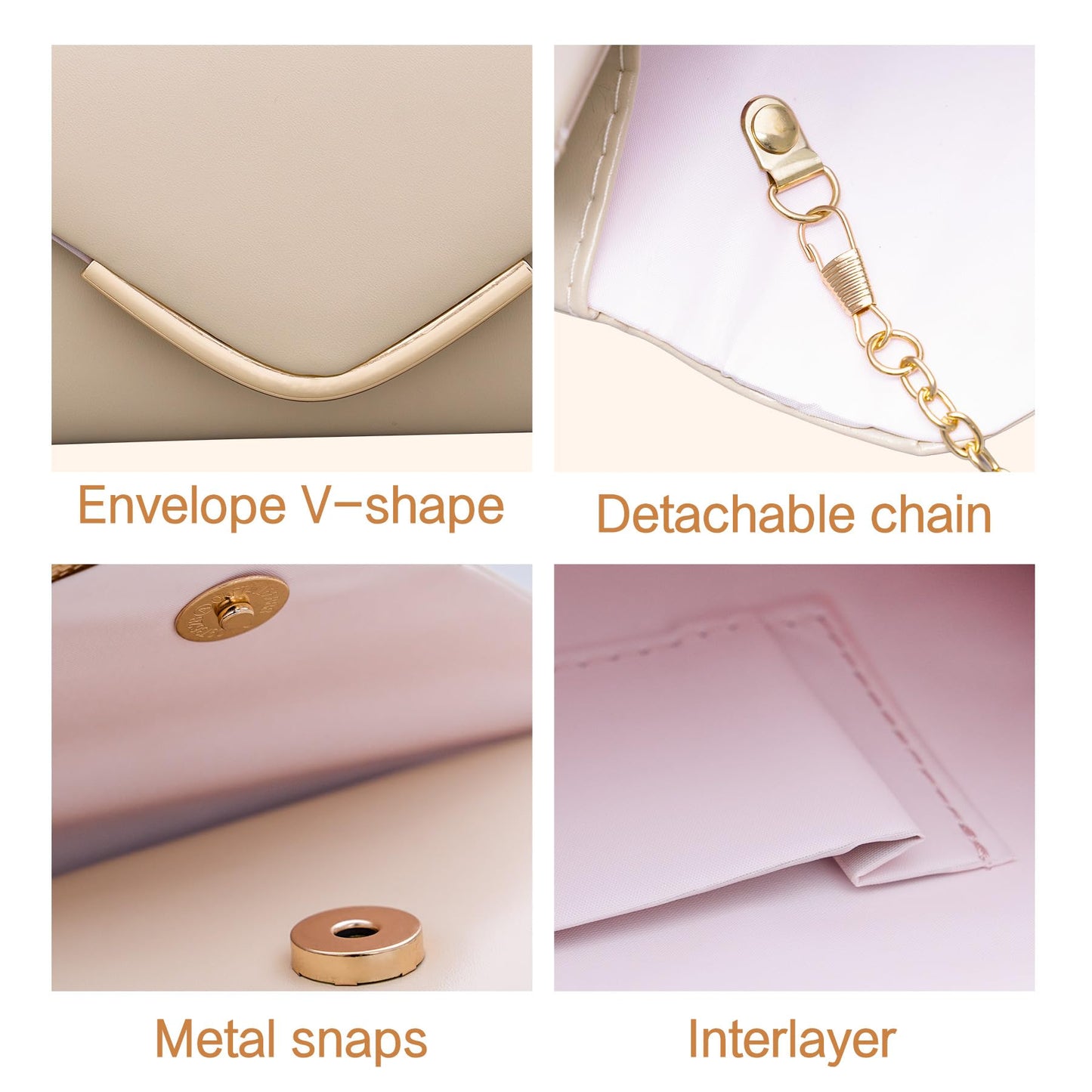 Larcenciel Apricot Clutch Purse for Women, Trendy Vegan Leather Envelope Evening Bags & Chain, Cute Cream Party Bag Formal Bride Dress Purse Ladies Crossbody Shoulder Handbag for Wedding Cocktail Prom