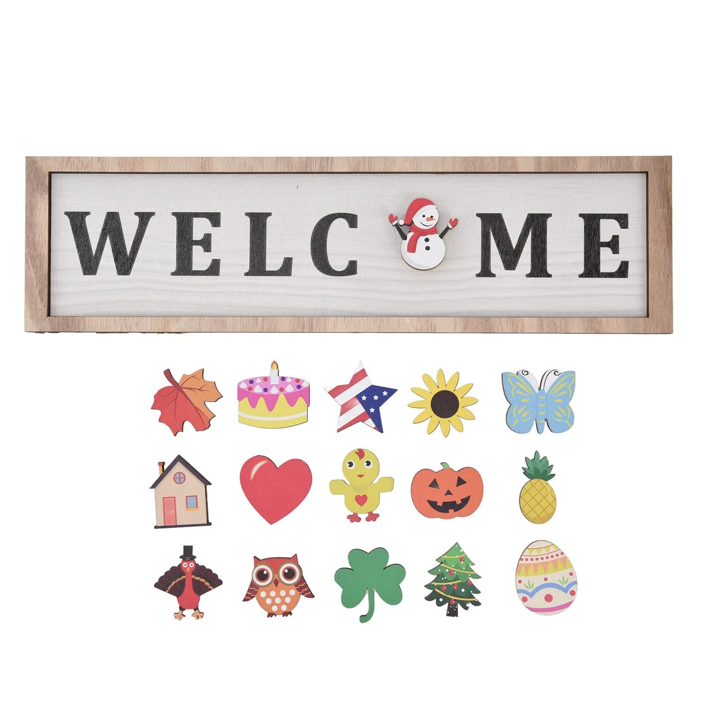 Holiday Interchangeable Welcome Sign for Front Door Christmas Wood Porch Sign with 16 Pcs Seasonal Icons Home Farmhouse Xmas Welcome Outdoor Festival Seasonal Decoration