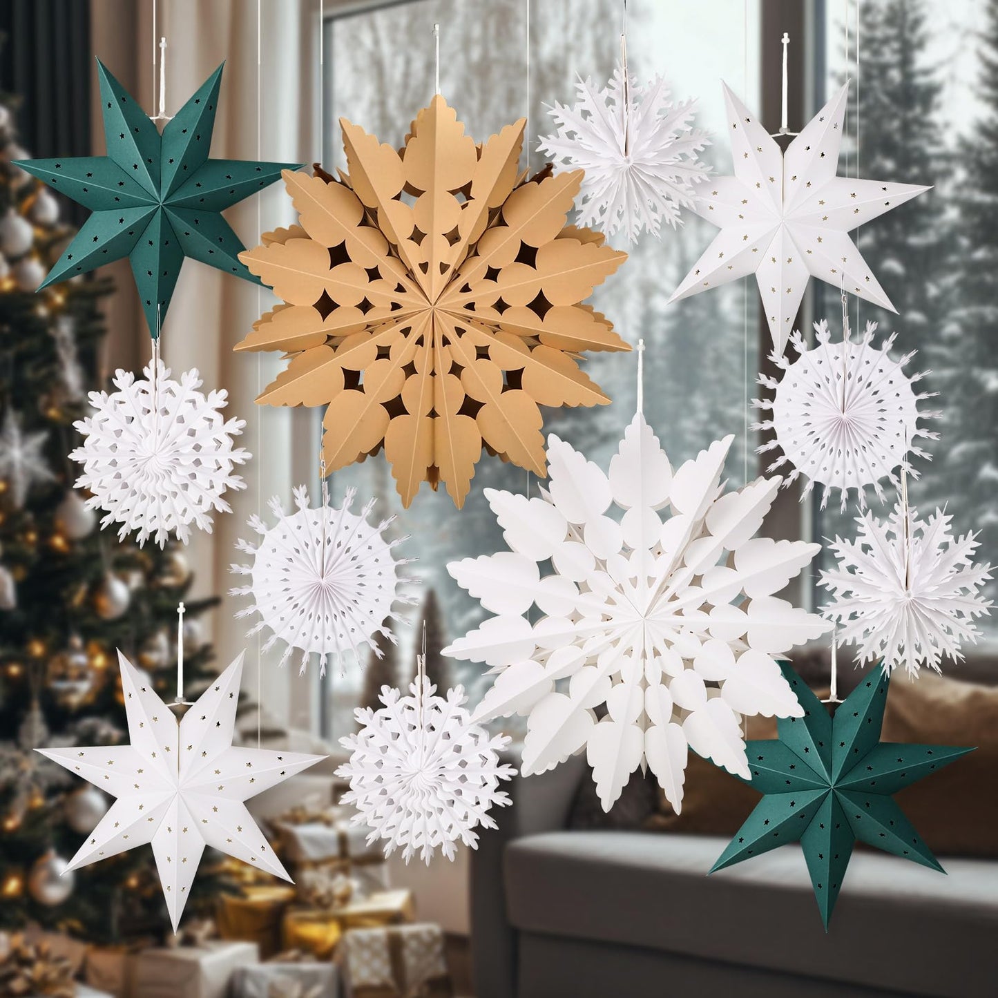 Glooglitter 12 Pcs Paper Star Lantern 3D Christmas Paper Snowflake Lanterns White Hanging Lamp Ornaments for Xmas Tree New Year Holiday Party Decorations (White, Kraft, Green)