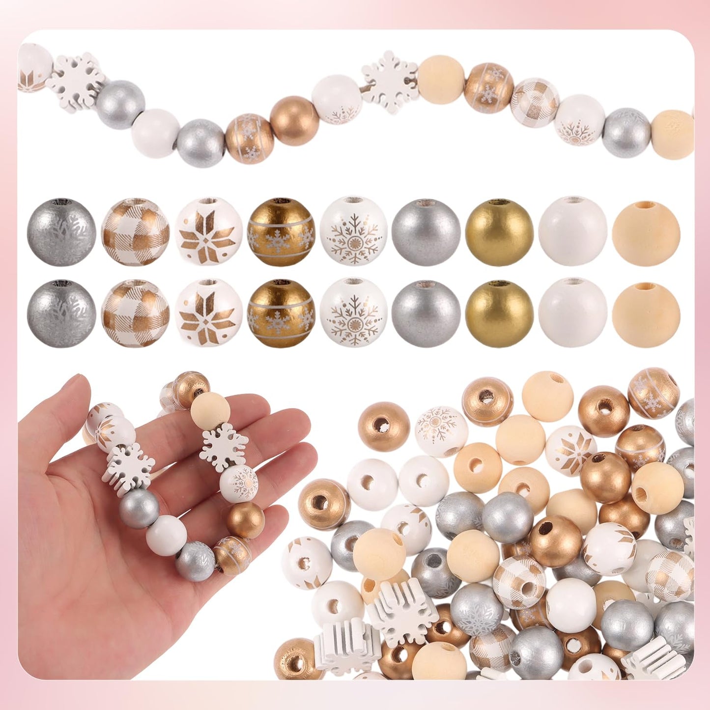 210 Pcs Golden Wood Beads Winter Gold Silver White Snowflake Wooden Craft Beads Bulk for Xmas DIY Garland Necklace Bracelet Jewelry Making Home Decor