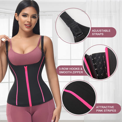 YADIFEN Waist Trainer Vest for Women,Zipper Corset Body Shaper for Tummy Control Neoprene Cincher Tank Top with Straps (Black-Pink, XS)