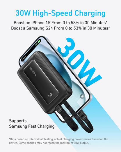 Anker Zolo Power Bank, 10,000mAh 30W Max Fast Portable Charger with Built-in USB-C and MFi Certified Lightning Cables, USB-C&A, Battery Pack for iPhone 16/15 Series, MacBook, Galaxy (Black)