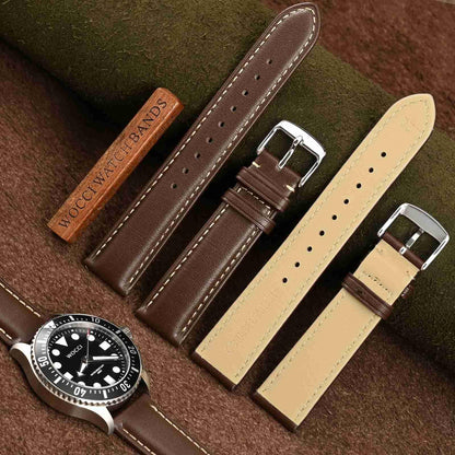 WOCCI 23mm Vintage Leather Watch Band for Men and Women, Silver Buckle (Dark Brown/Contrasting Stitch)
